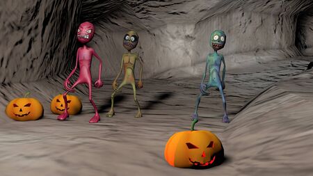 Cave with multi-colored cartoon zombies. 3D rendering.の写真素材