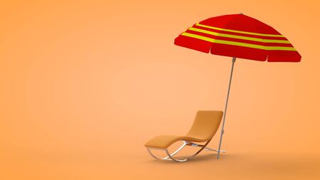 Beach deck chair and umbrella on sand background, 3D rendering.の写真素材