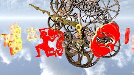 Zodiac horoscope, 12 zodiac signs and a clockwork. 3D rendering.の写真素材