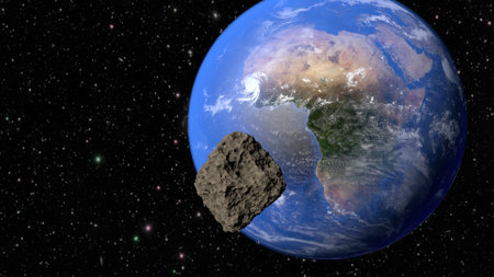 Planet Earth, continent Africa and meteorite flying to it.