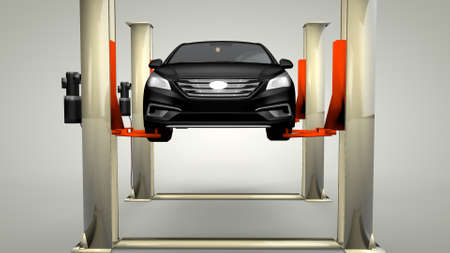 Modern car in a workshop on a lift. 3D renderingの写真素材