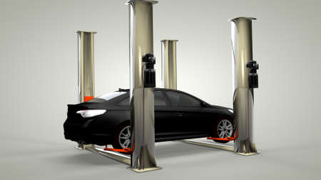 Modern car in a workshop on a lift. 3D renderingの写真素材