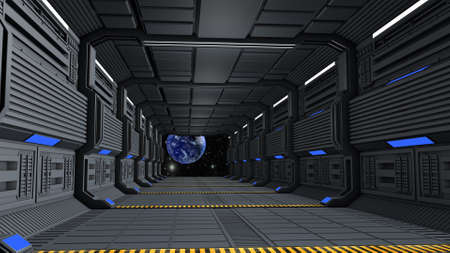 Space station corridor and spacewalk. 3D renderingの写真素材