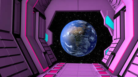 Space station corridor and spacewalk. 3D renderingの写真素材