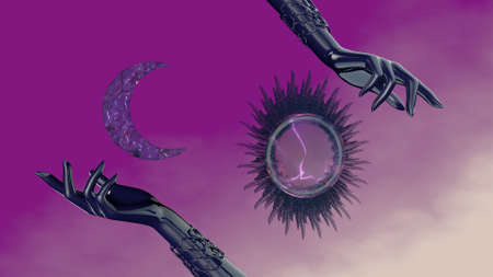 Day and night, the sun and the moon in womens hands. 3D rendering