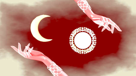 Day and night, the sun and the moon in womens hands. 3D renderingの写真素材