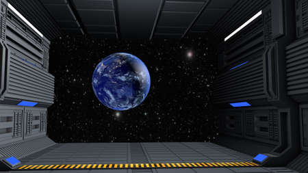 Space station corridor and spacewalk. 3D renderingの写真素材