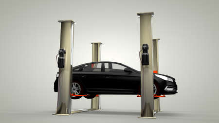 Modern car in a workshop on a lift. 3D renderingの写真素材