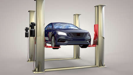 Modern car in a workshop on a lift. 3D renderingの写真素材