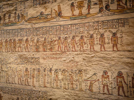 Ancient Egyptian writing, Egyptian hieroglyphs, wall inscriptionsの写真素材