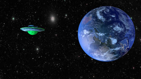 UFO and planet Earth. 3D renderingの写真素材