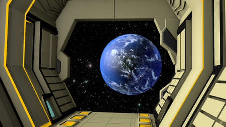 Space station corridor and spacewalk. 3D renderingの写真素材