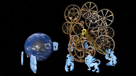 Zodiac horoscope, 12 zodiac signs and a clockwork. 3D renderingの写真素材