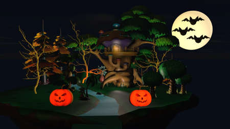 Halloween holiday concept. A small house with pumpkins and a funny ghost. 3D renderingの写真素材