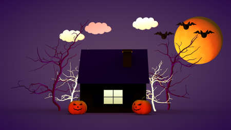 Halloween holiday concept. A small house with pumpkins and a funny ghost. 3D renderingの写真素材