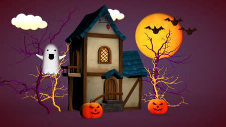 Halloween holiday concept. A small house with pumpkins and a funny ghost. 3D renderingの写真素材