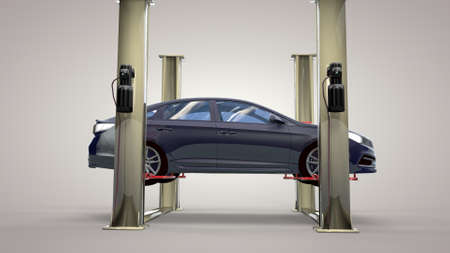 Modern car in a workshop on a lift. 3D renderingの写真素材