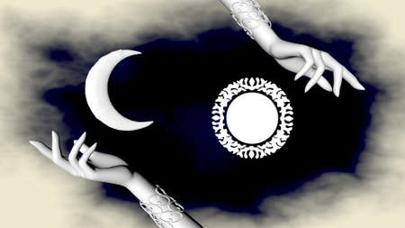 Day and night, the sun and the moon in womens hands. 3D renderingの写真素材