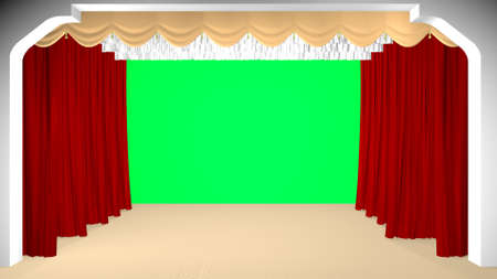 Theater curtain parted, green background. 3D renderingの写真素材