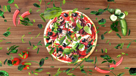Pizza with salami and olives, advertising background. 3D renderingの写真素材