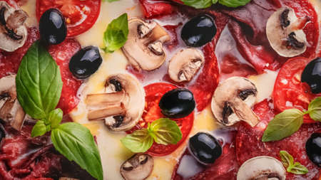 Pizza with salami and olives, advertising background. 3D renderingの写真素材