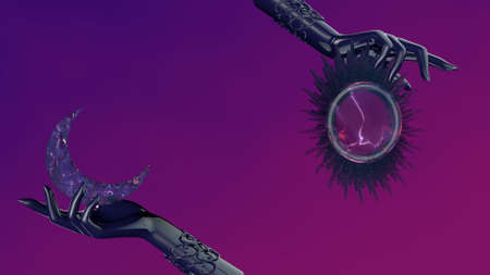 Day and night, the sun and the moon in womens hands. 3D renderingの写真素材