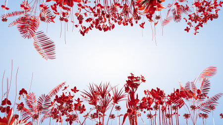 Frame made of plants and flowers on blueの写真素材