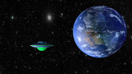 UFO with planet Earth on the galaxyの写真素材