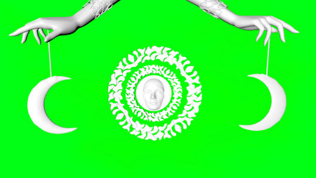 The sun and the moon in women's hands on greenの写真素材