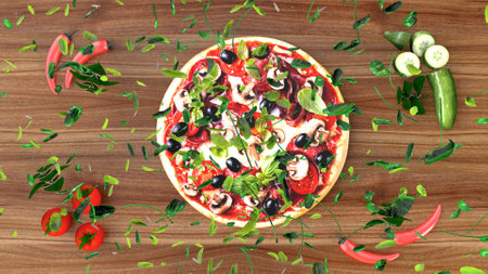 Pizza with salami and olives with ingredient scattered around on wooden tableの写真素材