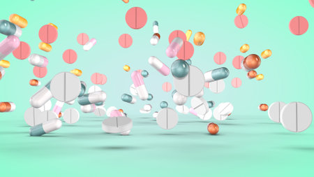 Set of various pills and capsules on greenの写真素材