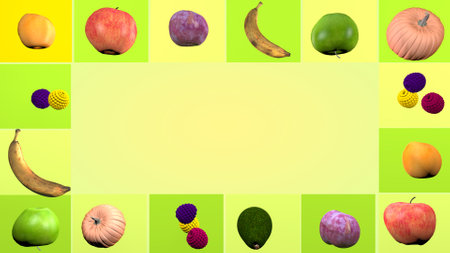 Various type of food on green frameの写真素材