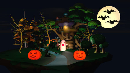 A small house with pumpkins and a funny ghost.の写真素材