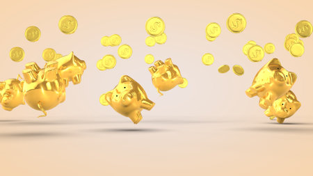 Golden piggy banks and gold coins on beigeの写真素材