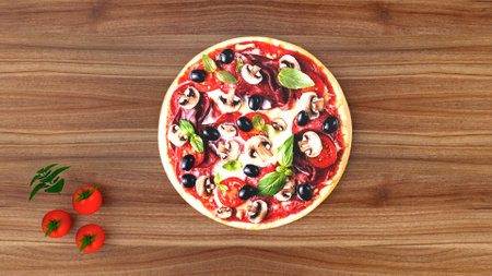 Pizza with salami and olives on wooden tableの写真素材