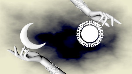 The sun and the moon in women's hands.の写真素材