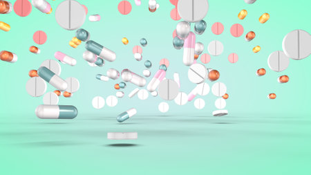 Set of various pills and capsules on greenの写真素材