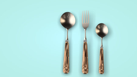 Steel cutlery on a light background, rotation. 3D rendering.の写真素材