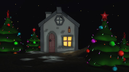 New Year's landscape with elegant Christmas trees. 3D rendering.の写真素材