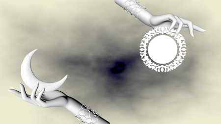 Day and night, the sun and the moon in women's hands. 3D rendering.の写真素材