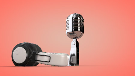 Studio audio headphones and microphone. 3D rendering.の写真素材