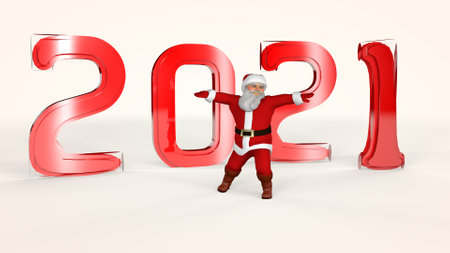 Cheerful Santa Claus in a red suit is dancing. 3d rendering.の写真素材