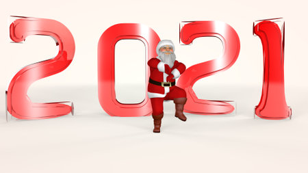 Cheerful Santa Claus in a red suit is dancing. 3d rendering.の写真素材