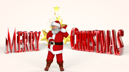 Cheerful Santa Claus in a red suit is dancing. 3d rendering.の写真素材