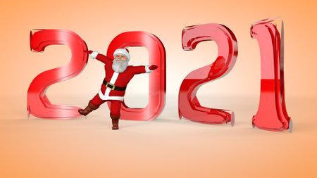 Cheerful Santa Claus in a red suit is dancing. 3d rendering.の写真素材