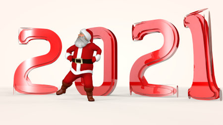 Cheerful Santa Claus in a red suit is dancing. 3d rendering.の写真素材