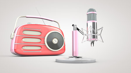 Studio microphone and retro radio. 3D rendering.の写真素材