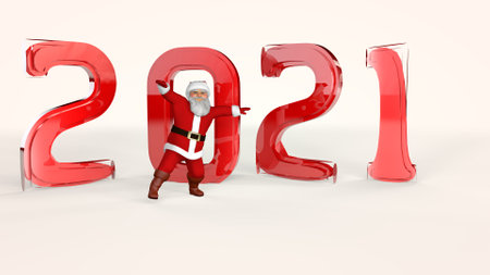 Cheerful Santa Claus in a red suit is dancing. 3d rendering.の写真素材