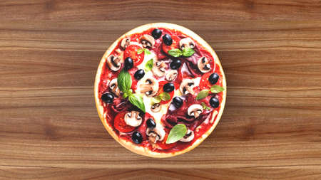 Pizza with salami and olives, advertising background. 3D rendering.の写真素材