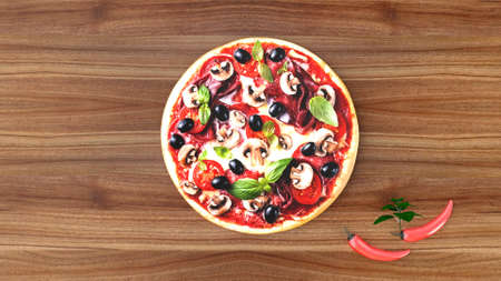 Pizza with salami and olives, advertising background. 3D rendering.の写真素材